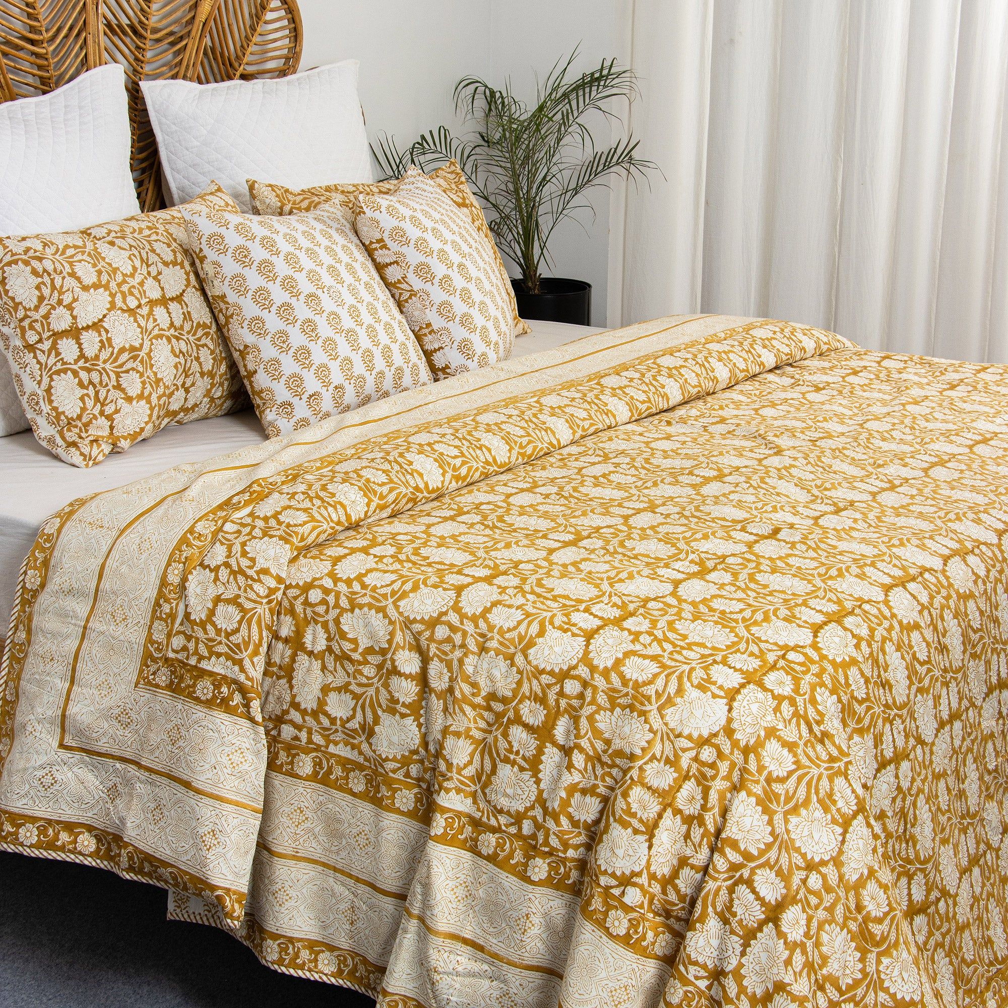 Hand Block Yellow Floral Printed Cotton Dohar Double Bed